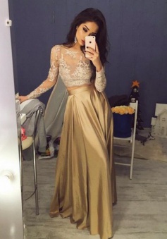 Two Piece Crew Floor-Length Long Sleeves Gold Stretch Satin Prom Dress with Lace