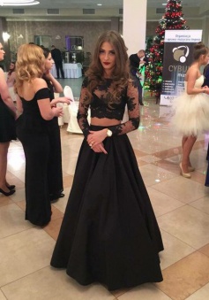 Two Piece Crew Floor-Length Long Sleeves Black Stretch Satin Prom Dress with Lace