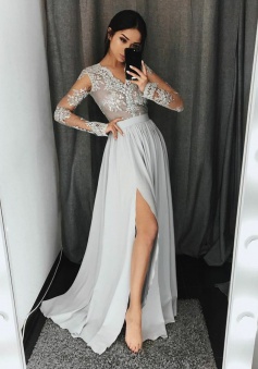 A-Line V-Neck Long Sleeves Light Grey Chiffon Prom Dress with Appliques