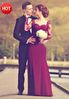 Mermaid Square Sweep Train Long Sleeves Burgundy Prom Dress with Appliques
