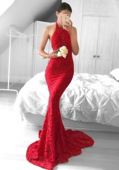Mermaid Halter Sleeveless Sweep Tarin Backless Red Lace Prom Dress