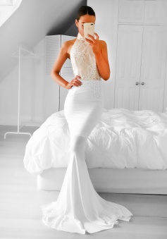 Mermaid High Neck Backless Sweep Train White Prom Dress with Appliques