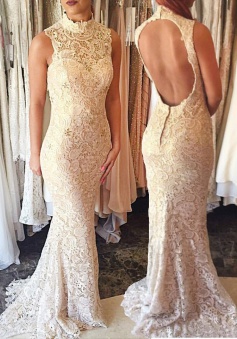 Mermaid High Neck Sweep Train Open Back Ivory Lace Prom Dress