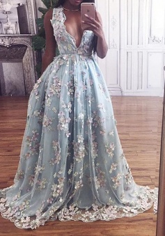 A-Line Deep V-Neck Floor-Length Light Sky Blue Prom Dress with Appliques