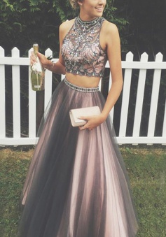 A-Line High Neck Sleeveless Floor-Length Grey Prom Dress with Beading