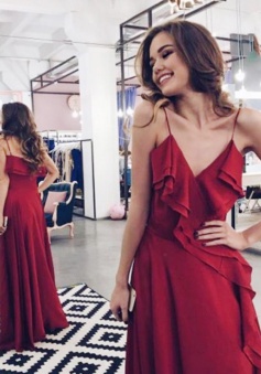 A-Line Spaghetti Straps Floor-Length Burgundy Prom Dress with Ruffles