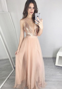 A-Line Deep V-Neck Floor-Length Champagne Tulle Prom Dress with Sequins
