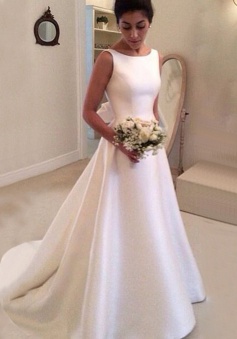 Simple Bateau Backless Court Train A-Line Wedding Dress with Bowknot