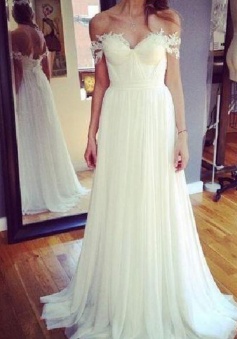 Simple Off the Shoulder Backless Floor Length Wedding Dress with Appliques 