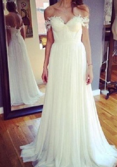 Simple Off the Shoulder Backless Floor Length Wedding Dress with Appliques