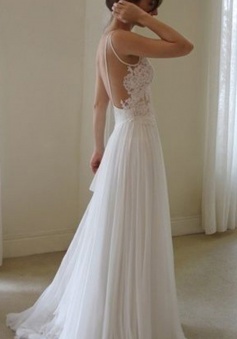 Modern Jewel Sleeveless Sweep Train Backless Wedding Dress with Lace