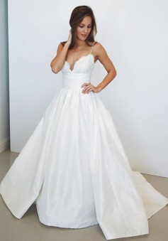 A-Line Spaghetti Straps Long Satin Wedding Dress with Lace Top
