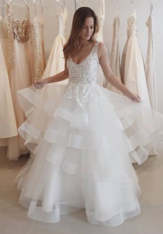 Glamorous Scoop Sleeveless Floor Length Tiered Wedding Dress with Lace Backless