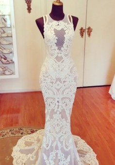 Mermaid Lace Sweep Train Jewel Sweep Train Wedding Dress