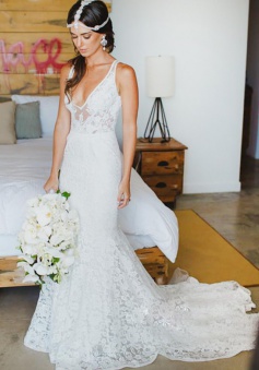 Mermaid Style Lace V-neck Court Train Beach Wedding Dress