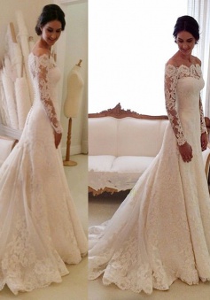 Mermaid Off-the-shoulder Court Train Ivory Lace Long Sleeves Wedding Dress with Appliques