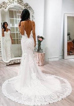 Mermaid Wedding Dress - Spaghetti Straps Court Train Backless White Tulle Appliques Lace