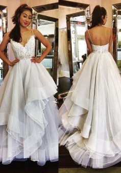 A-Line Wedding Dress - Spaghetti Straps Sweep Train Ivory Tulle Appliques Ruffles