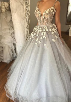 Ball Gown Spaghetti Straps Court Train Grey Tulle Wedding Dress with Appliques Beading