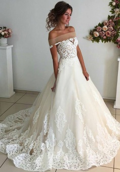 A-Line Off-the-Shoulder Court Train Sleeveless Ivory Tulle Wedding Dress with Appliques