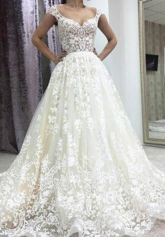 A-Line Deep V-neck Court Train Sleeveless Ivory Lace Wedding Dress with Appliques