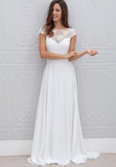 A-Line Bateau Sweep Train Open Back Chiffon Wedding Dress with Lace