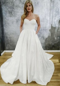 A-Line Sweetheart Court Train Satin Wedding Dress with Pockets