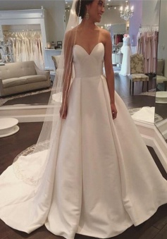 A-Line Sweetheart Court Train Ivory Satin Wedding Dress with Pleats
