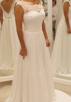 A-Line Square Floor-Length Chiffon Wedding Dress with Lace Beading