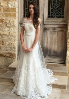 A-Line Off-the-Shoulder Sweep Train Tulle Wedding Dress with Appliques