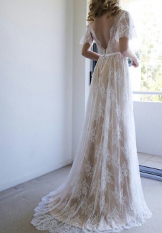 A-Line V-Neck Sweep Train Light Champagne Lace Boho Wedding Dress