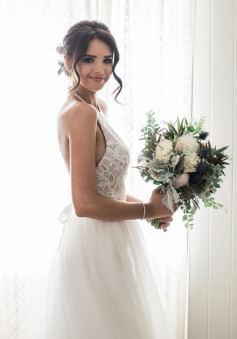 A-Line Halter Backless Court Train Tulle Wedding Dress with Lace