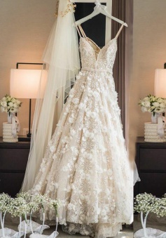 A-Line Spaghetti Straps Sweep Train Ivory Lace Wedding Dress with Appliques