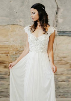 A-Line V-Neck Cap Sleeves Long Chiffon Wedding Dress with Beading