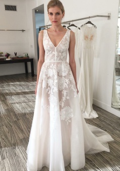 A-Line V-Neck Sweep Train Ivory Tulle Wedding Dress with Embroidery