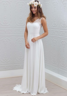 A-Line V-Neck Open Back Sweep Train Chiffon Wedding Dress with Lace