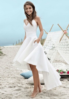 High Low Spaghetti Straps Backless Satin Beach Wedding Dress with Pockets