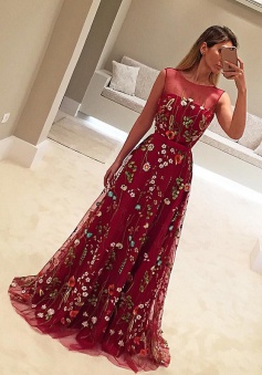 A-Line Crew Sweep Train Flower Print Burgundy Tulle Prom Dress with Belt