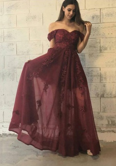 A-Line Off-the-Shoulder Floor-Length Burgundy Tulle Prom Dress with Appliques