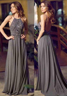 A-Line Halter Sleeveless Floor-Length Backless Grey Chiffon Prom Dress with Beading