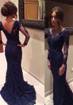 Mermaid V-neck Long Sleeves Navy Blue Lace Prom Dress with Appliques