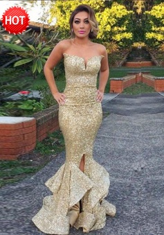 Mermaid Sweetheart Sweep Train Gold Sequin Prom Dress with Ruffles