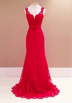 Mermaid Scoop Sweep Train Backless Red Lace Prom Dress