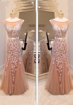 Glamorous Mermaid Bateau Tulle Floor Length Champagne Cocktail/Prom Dress With Appliques