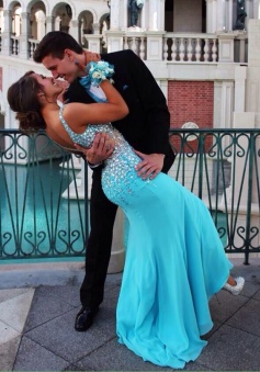 Mermaid V-Neck Sweep Train Blue Chiffon Prom Dress With Beading