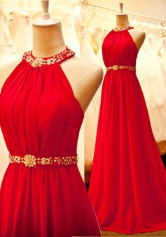 Stunning Halter Sweep Train Sleeveless Ruched Red Prom Dress with Beading