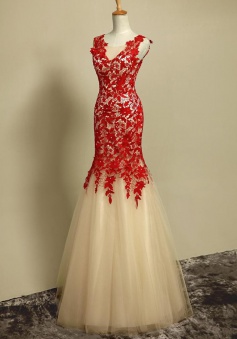 Mermaid Halter Scoop Light Champagne Tulle Prom Dress with  Red Lace