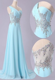 Glamorous One Shoulder Sweep Train Sky Blue Prom Dress with Beading Ruched