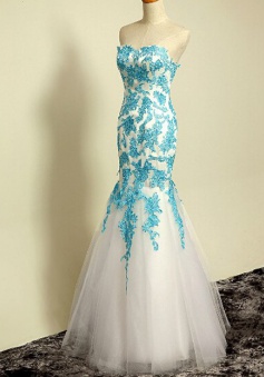 Gorgeous Strapless Mermaid White Tulle Light Sky Blue Applique Prom Evening Dress