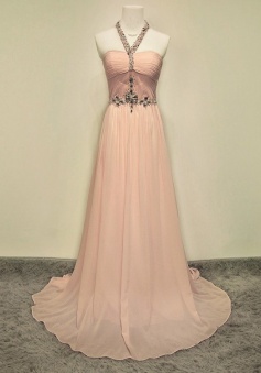 Elegant Halter Floor-Length Ruched Pink Prom Dress with Beading